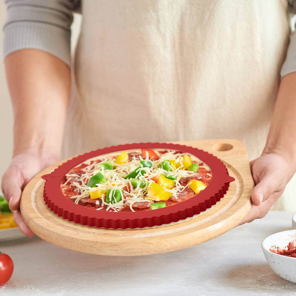 Left. Empava - 10-in Silicone Pizza Tools Pie Crust Shields Pie Protector - Red.