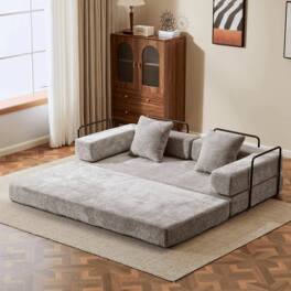 Kadyn - Floor Couch Bed, Convertible Chenille Fabric Sofa with Pillow Back Support, Compression Lounge Sleeper, Light Gray - Gray