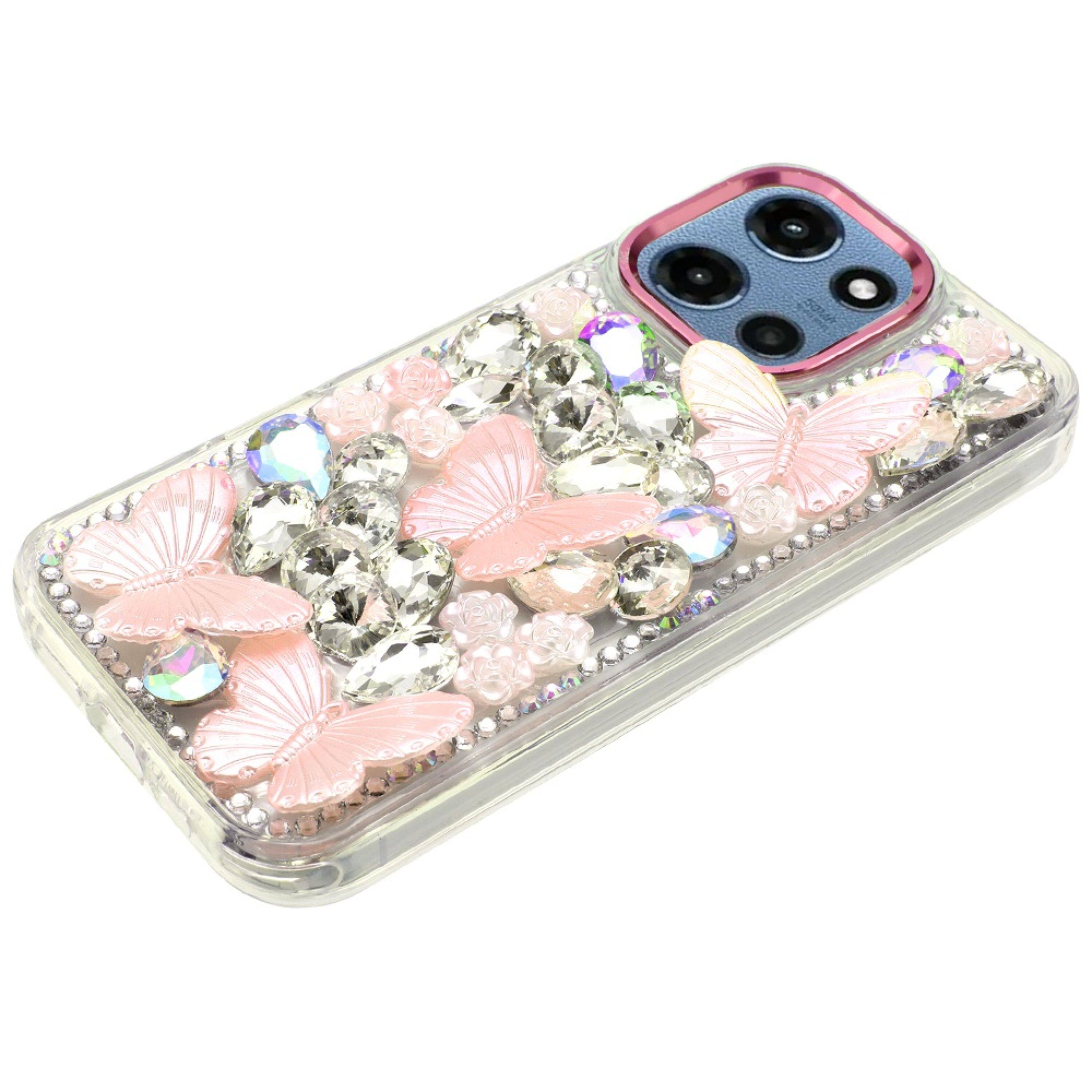 Left. Kitcheniva - Glamorous Diamond Butterfly Bling Case With Tempered Glass For Moto G 2025/2026/G Play 2026 Pink - Pink.