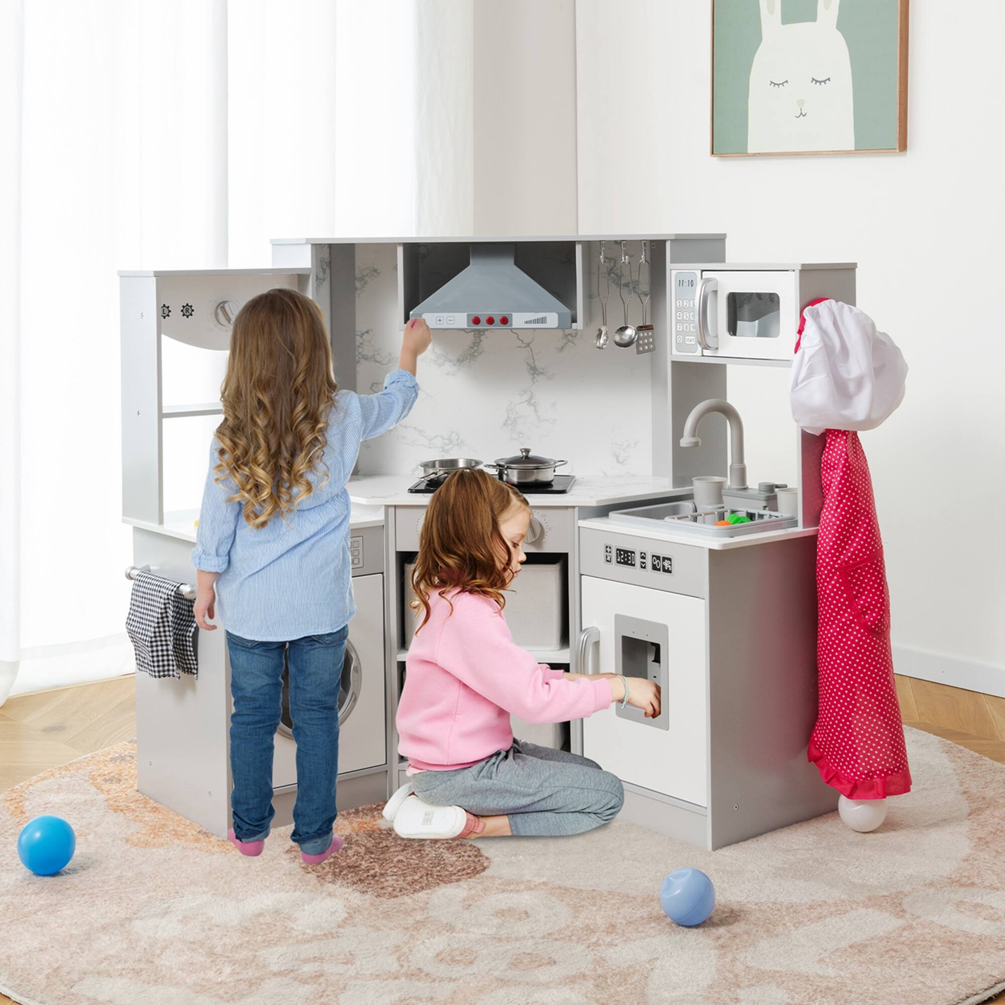 Alt View 3. Costway - Costway Wooden Kids Play Corner Kitchen with Realistic Lights & Sounds Lighted Range Hood - Grey.