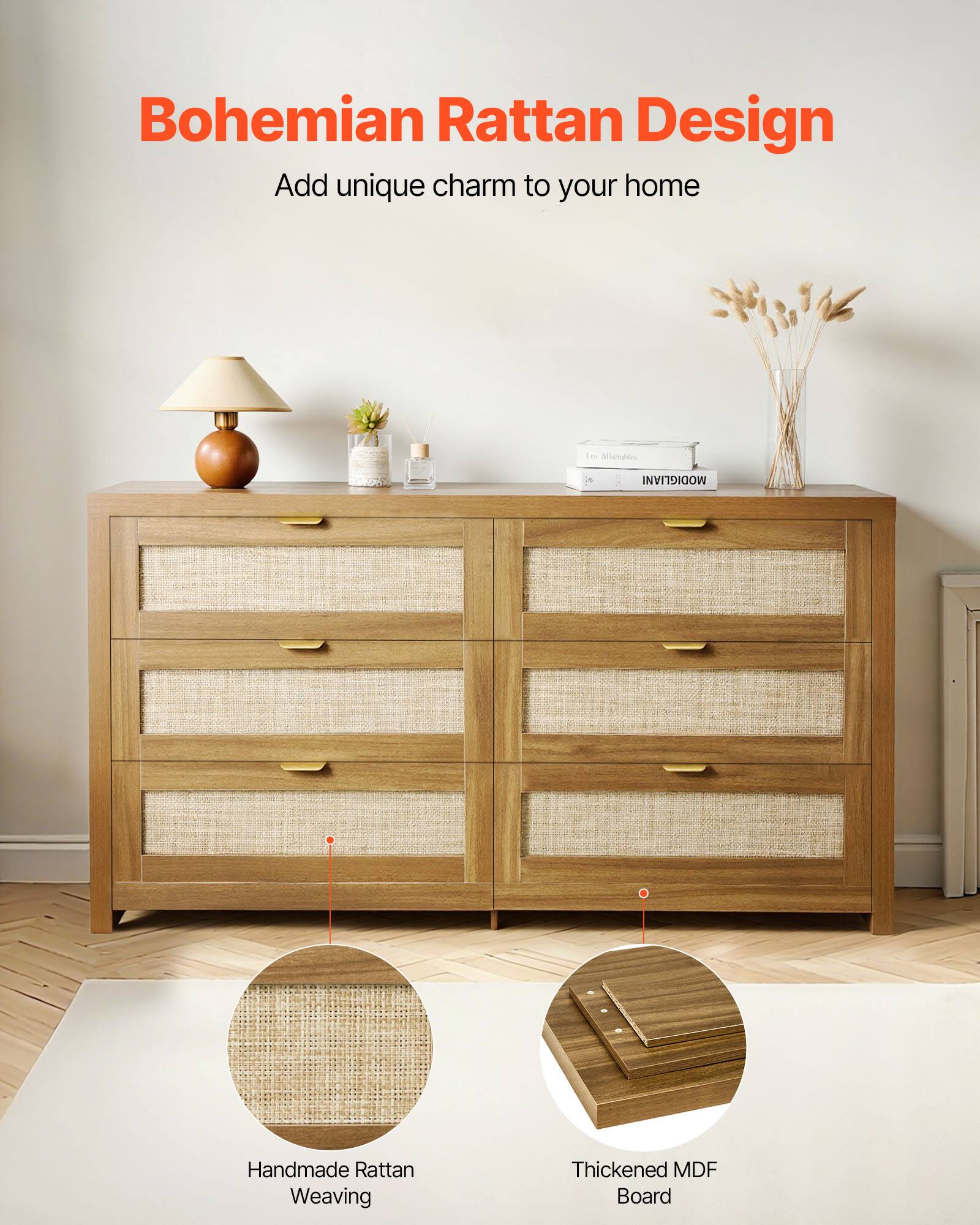 Bohemian Rattan Design  
Add unique charm to your home  

Handmade Rattan Weaving  
Thickened MDF Board