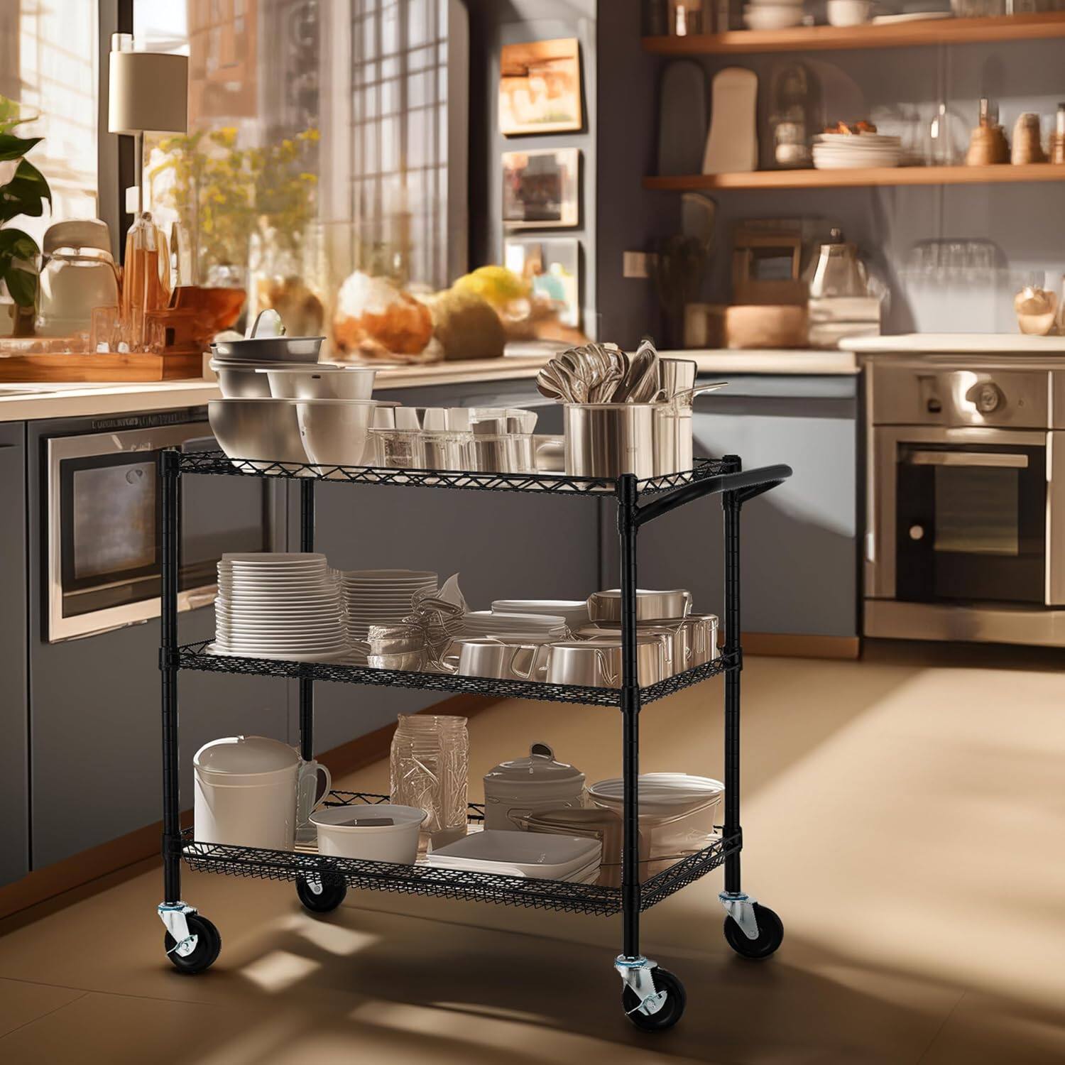 Alt View 3. Finnhomy - Finnhomy 3-Tier Heavy Duty Commercial Utility Cart – NSF Listed Steel Wire Rolling Cart with Locking Wheels - Black.