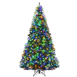 Gymax - 9FT Pre-Lit Christmas Tree Hinged Artificial Tree w/ Metal Stand LED Lights - Green