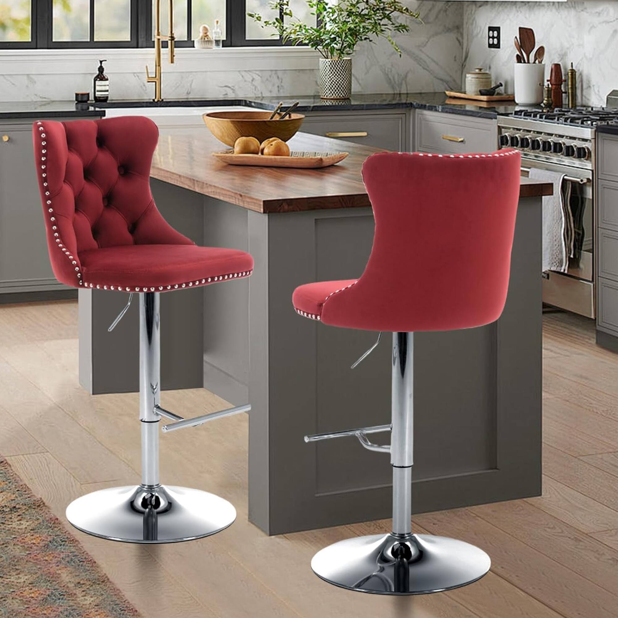 Alt View 1. HTUTWOO - Adjustable Bar Stools Set of 2, Velvet Swivel Counter Height Chairs with Footrest, Chrome Nailhead for Kitchen, Pub - Red.