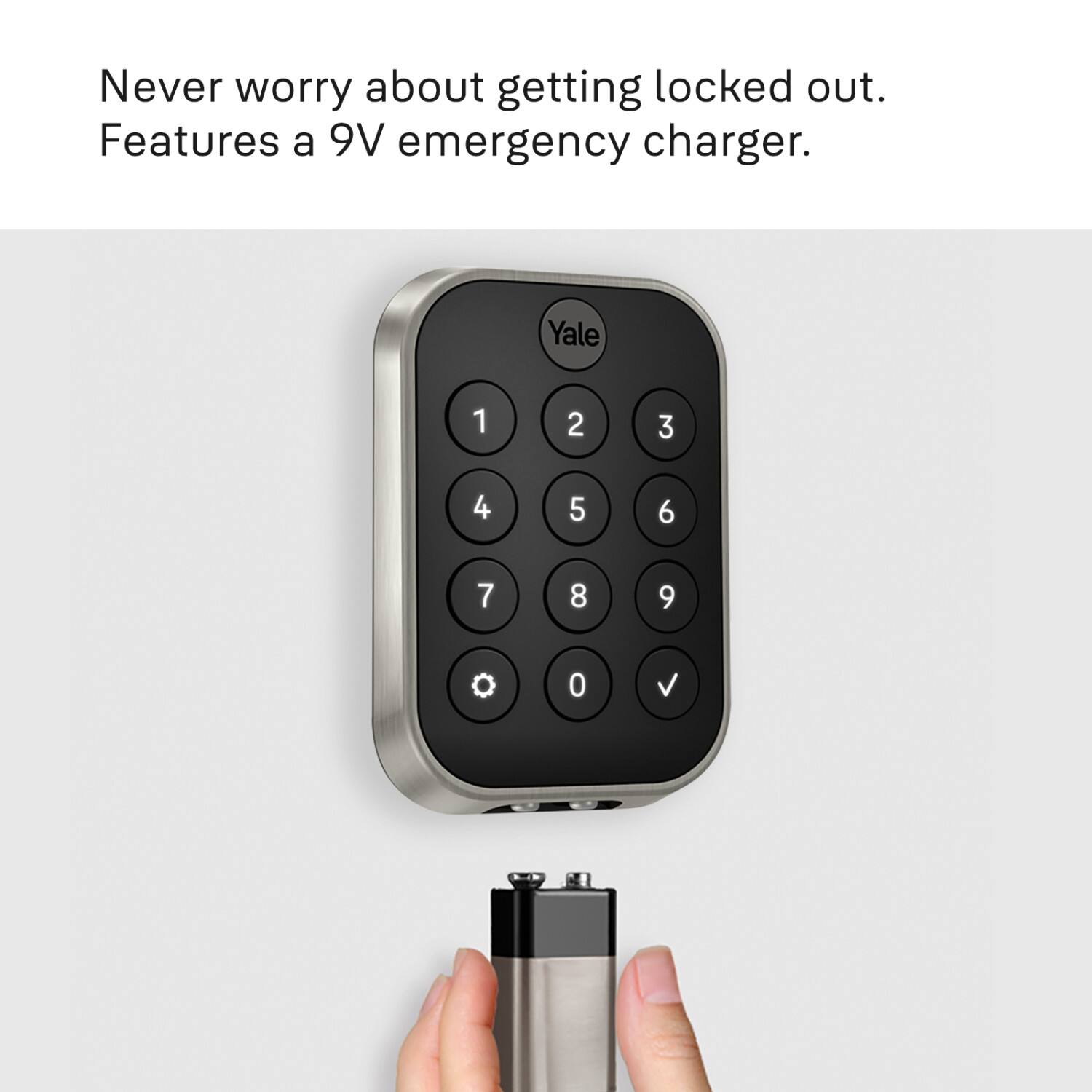 Never worry about getting locked out. Features a 9V emergency charger.