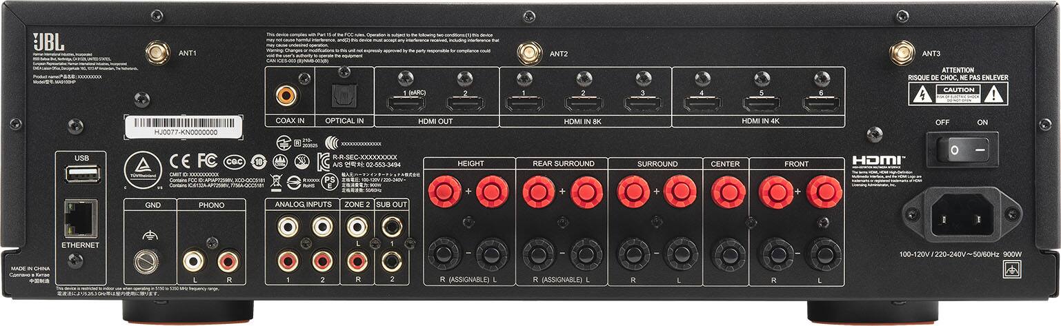 JBL Tundra Mdt - ANT1 - -io samEs - Pt 1 - ne FOC -E Operation . - - Te folowing - cdo - -ewea - sase nantu intorterenca n  o - - a - ictuding t may uneTR - Cnanges - nontications - te  No apreay NreEd tu t party A t amplianca - - Th sar' suttority . araa Te -g CAN MESR h 1 (eARC) 2  ANT2 2 3 4 5 6 ANT3 ATTENTION RISQUE DE CHOC NE PAS ENLEVER CAUTION: USB COAX IN OPTICAL IN HDMI OUT HJ0077-KNO000000 n 202625 JOXXCCOOXXXDDE R-R-SEC-XXXXXXXX cec 10  HEIGHT A/S 02-553-3494 ng_ CN E AAA  Contains T00 CLAPIAFIOTMN C-CCS1EI SAMA PS  220-2M0W- commana AOCCS8 An - - GND PHONO ANALOG INPUTS ZONE 2 SUB OUT HDMI IN 8K REAR SURROUND + SURROUND + HDMI IN 4K CENTER FRONT + HDMI - --   OFF o ON I ETHERNET L 1 100-120V I 220-240V~50/60Hz 50/60Hz 900W MADE I CHINA   - L -r I -i R  2 R 2 R (ASSIGNABLE) L R (ASSIGNABLE) L R I R L