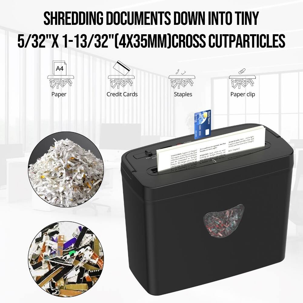 SHREDDING DOCUMENTS DOWN INTO TINY 5/32" X 1-13/32" (4X35MM) CROSS CUT PARTICLES

A4 Paper
Credit Cards
Staples
Paper Clip
