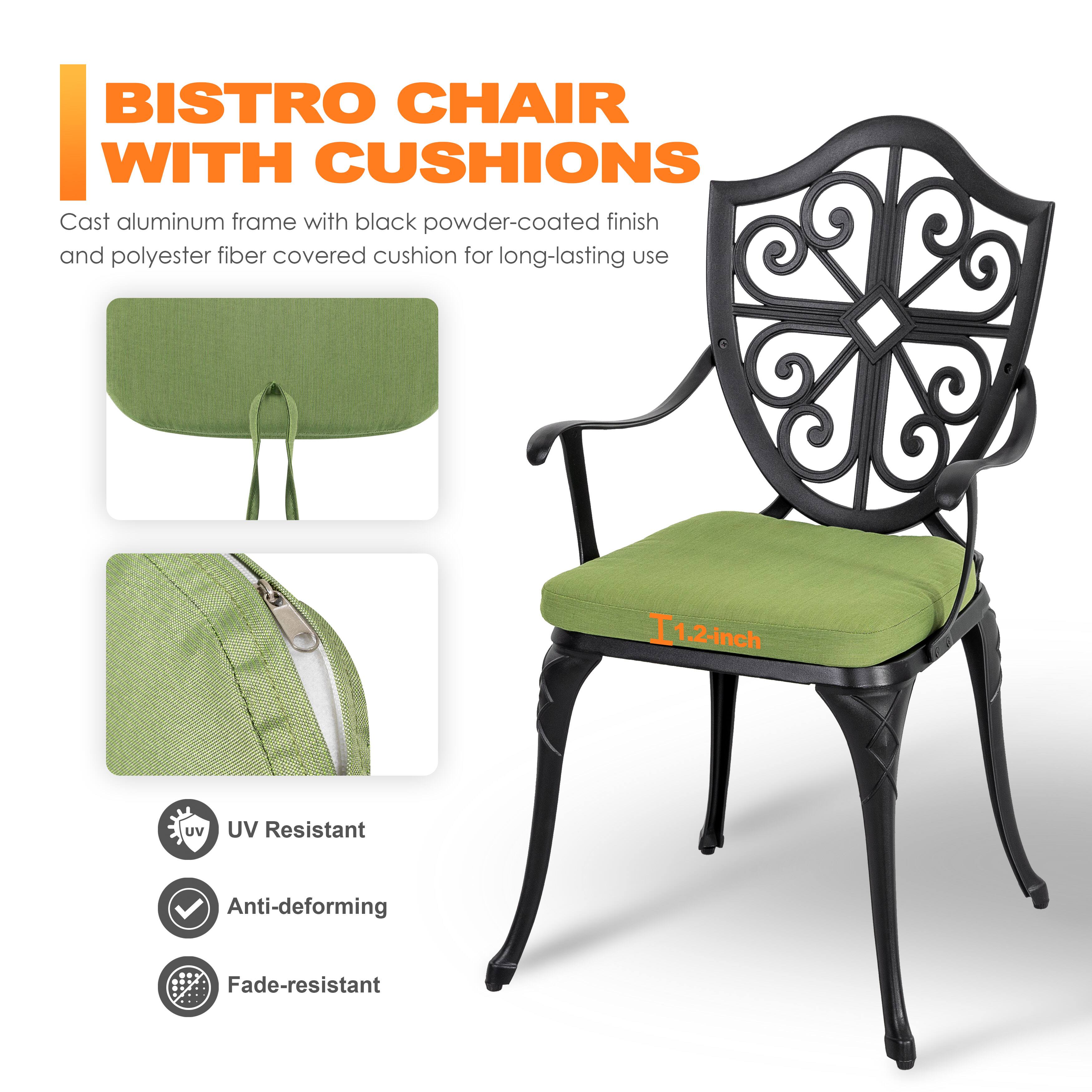 BISTRO CHAIR WITH CUSHIONS

Cast aluminum frame with black powder-coated finish and polyester fiber covered cushion for long-lasting use

- UV Resistant
- Anti-deforming
- Fade-resistant

1.2-inch