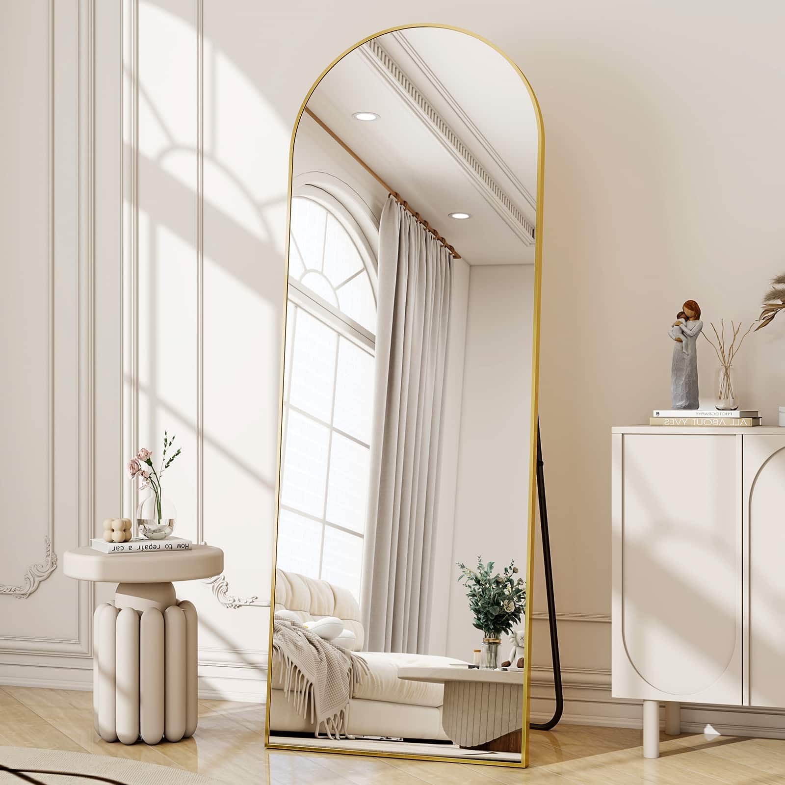 Easly - 16 in. W x 59 in. H Arched Aluminum Alloy Frame Full Length Floor Mirror - Gold