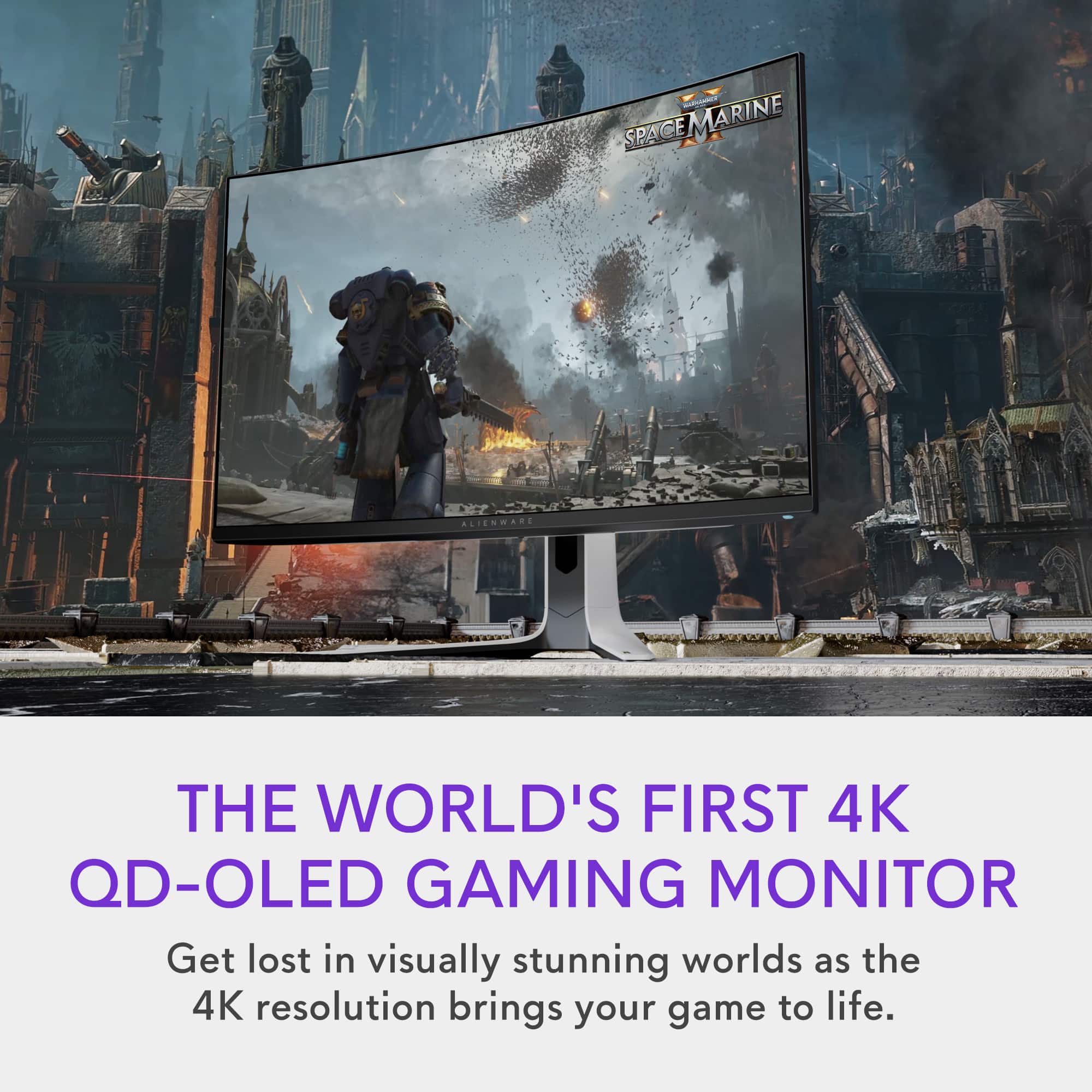 The World's First 4K QD-OLED Gaming Monitor: Space Marine Alisnwads. Get lost in visually stunning worlds as the 4K resolution brings your game to life.
