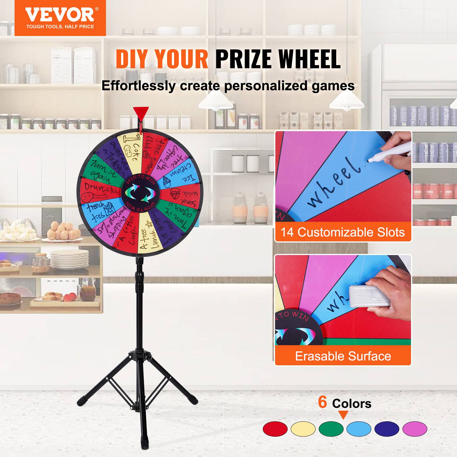 VEVOR TOUGH TOOLS, HALF PRICE

DIY YOUR PRIZE WHEEL

Effortlessly create personalized games

14 Customizable Slots

Erasable Surface

6 Colors