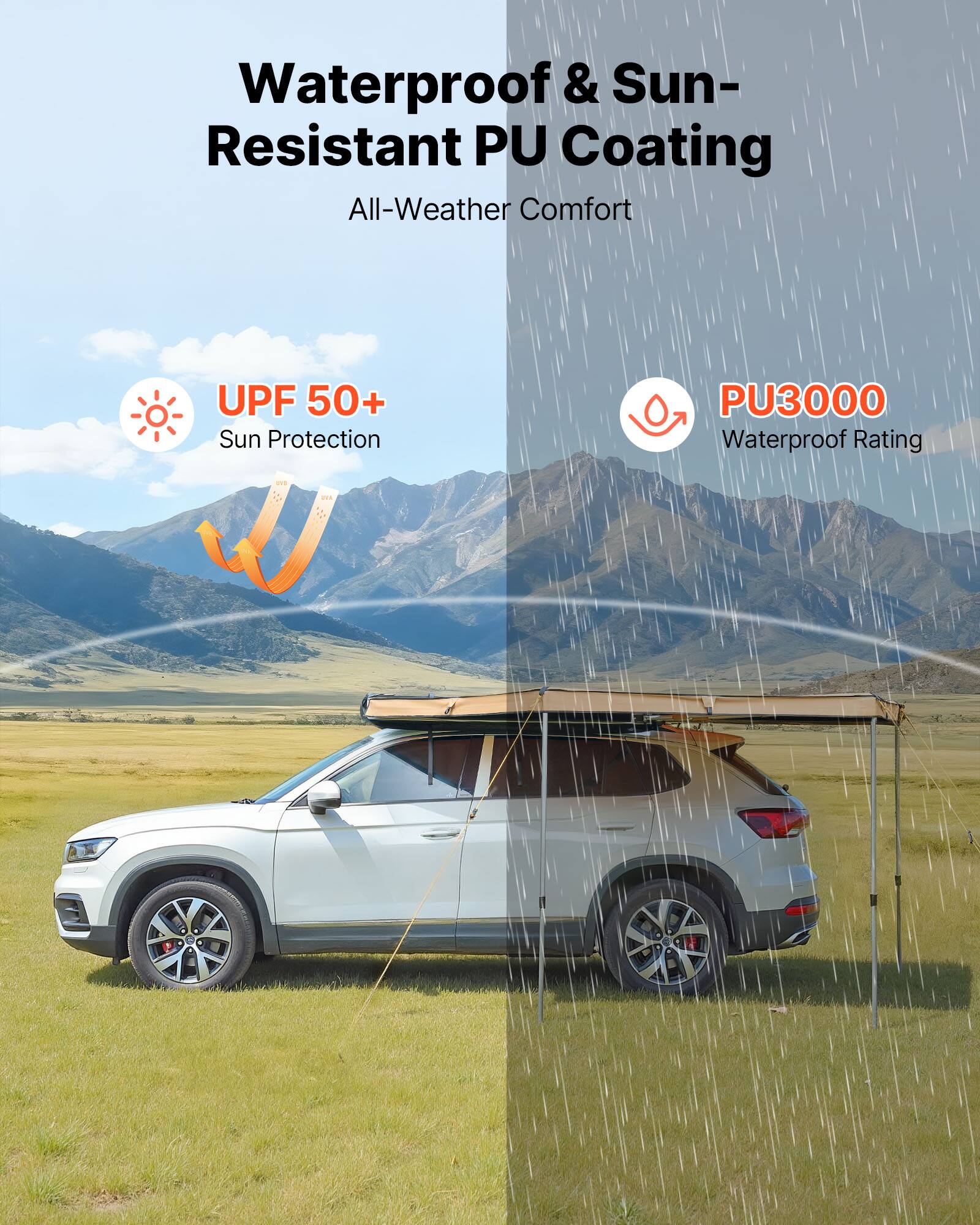 Waterproof & Sun-Resistant PU Coating  
All-Weather Comfort  

UPF 50+ Sun Protection  
PU3000 Waterproof Rating