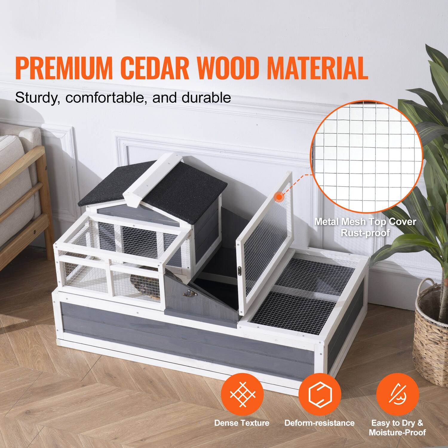 PREMIUM CEDAR WOOD MATERIAL  
Sturdy, comfortable, and durable  

Metal Mesh Top Cover  
Rust-proof  

Dense Texture  
Deform-resistance  
Easy to Dry & Moisture-Proof