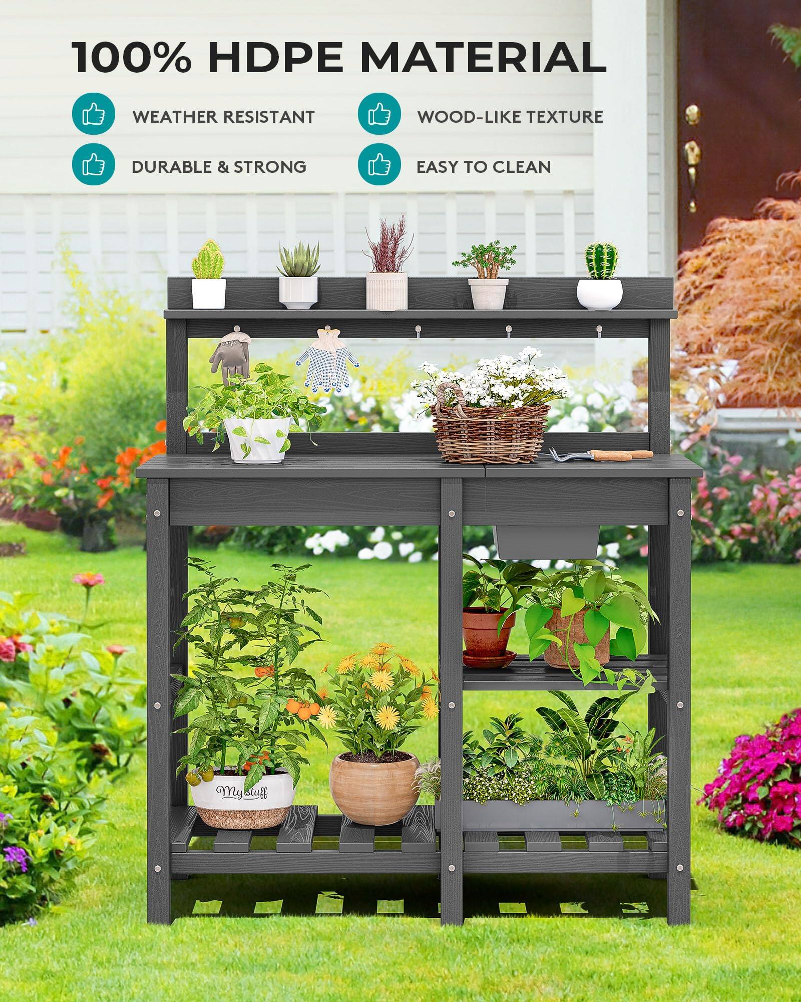 100% HDPE MATERIAL  
WEATHER RESISTANT  
WOOD-LIKE TEXTURE  
DURABLE & STRONG  
EASY TO CLEAN
