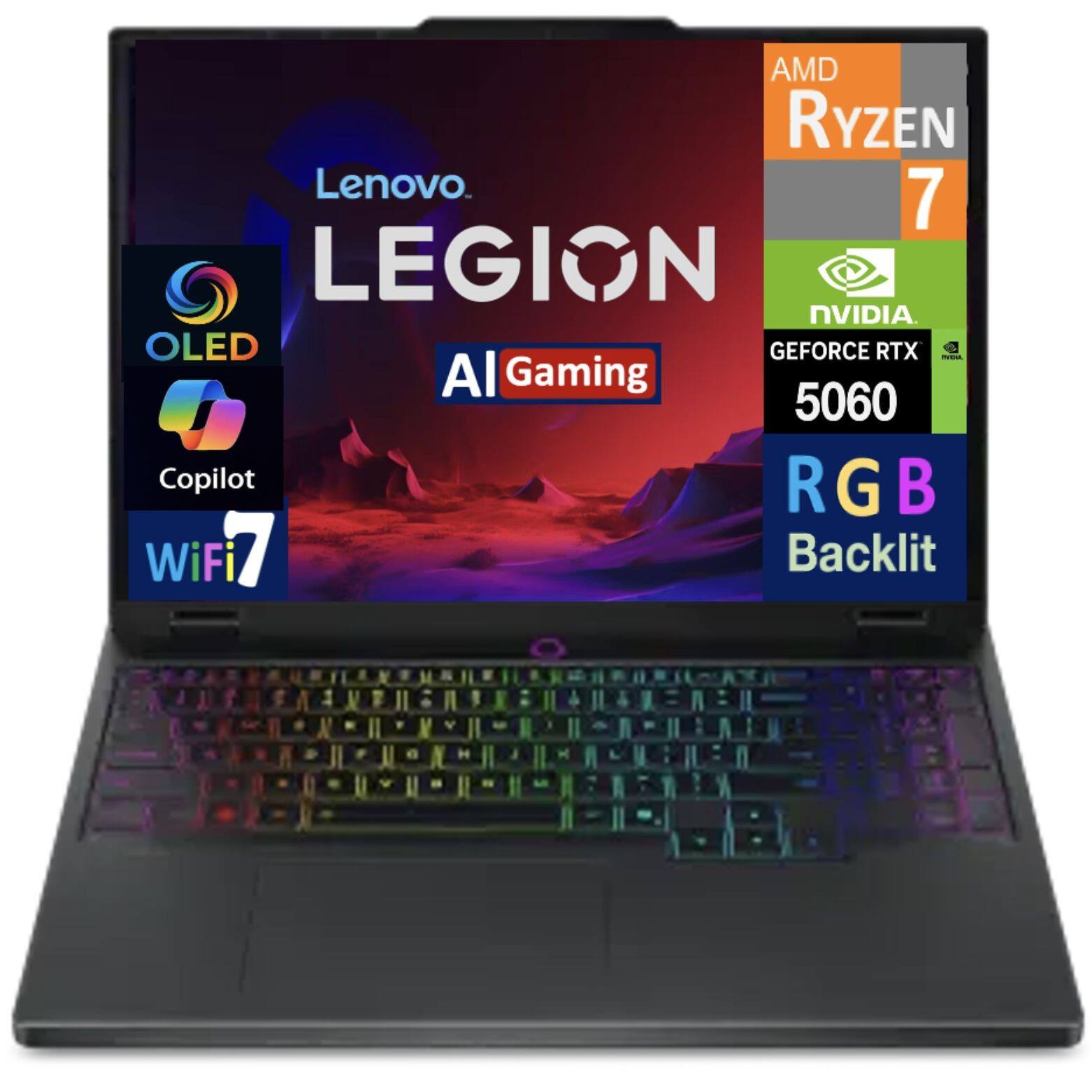 AMD Ryzen 7 Lenovo LEGION NVIDIA GeForce RTX 5060 OLED AI Gaming RGB Backlit Copilot WiFi