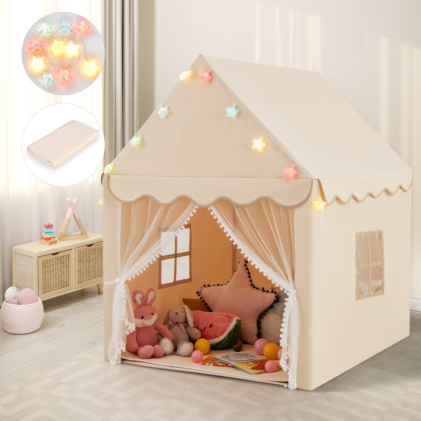 Alt View 1. Gymax - Gymax Kids Playhouse Tent Large Castle Fairy Tent?w/ Star Lights Mat Beige - Beige.