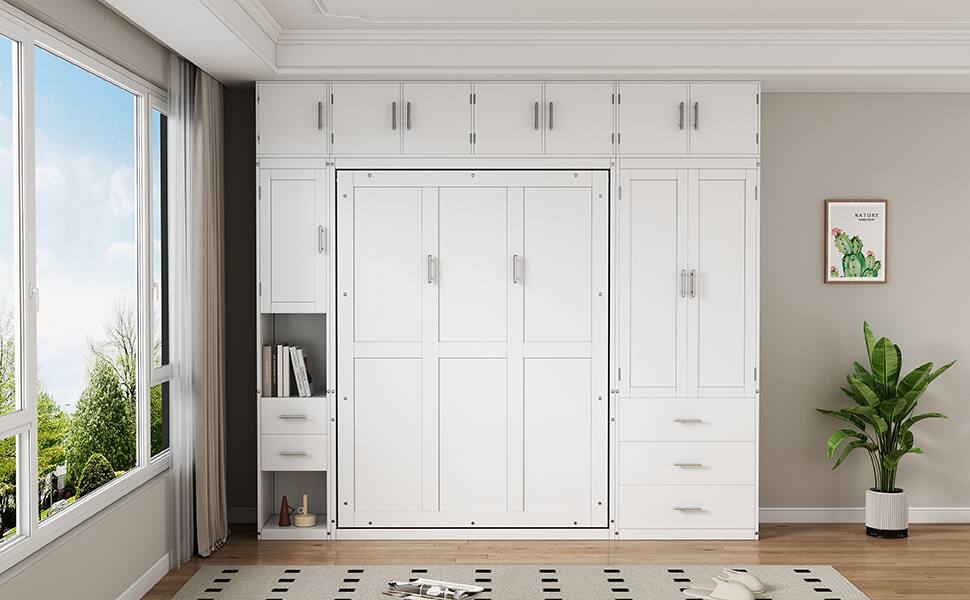 Alt View 2. Tiramisubest - Full Size White Murphy Bed with Lockers and Wardrobes, Solid Wood+MDF, Space-saving, Installation Video - White.