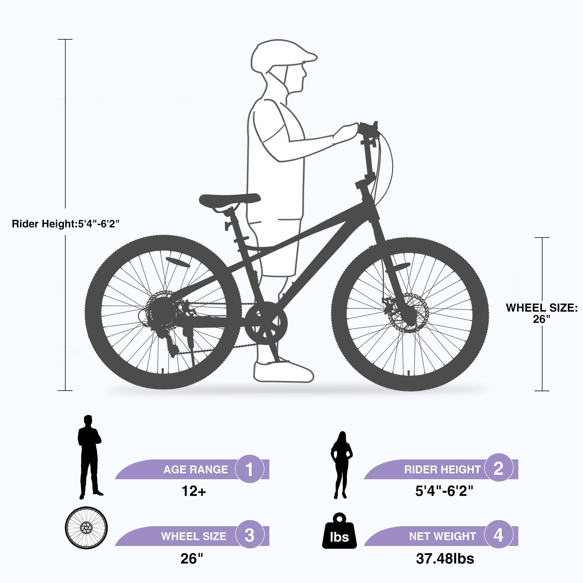 Rider Height: 5'4" - 6'2"  
Wheel Size: 26"  
Age Range: 12+  
Net Weight: 37.48 lbs