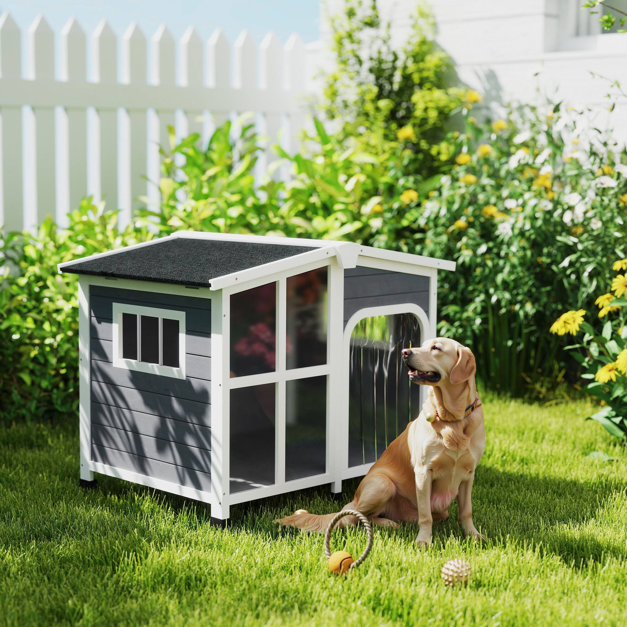 Angle. Pawhut - Outside Cabin-Style Wooden Dog House for Large Dogs, Openable Roof, Giant Window, Outdoor & Indoor.