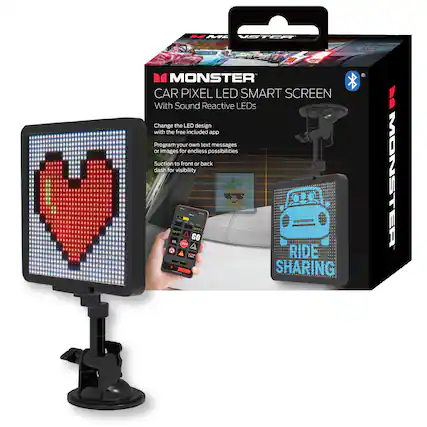 BE A MONSTER CAR PIXEL LED SMART SCREEN With Sound Reactive LEDs Change the LED design with the free included app Program your own text messages or images for endless possibilities Suction to front or back dash for visibility i : -- I aaee 4 GO - - H RIDE A H SHARING MONSTER