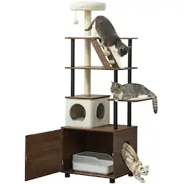 Pawhut - 68.5" Cat Tree with Litter Box Enclosure, 2 in 1 Cat Tower, Litter Box Furniture, Washable Cushions, Ball Toy - Brown