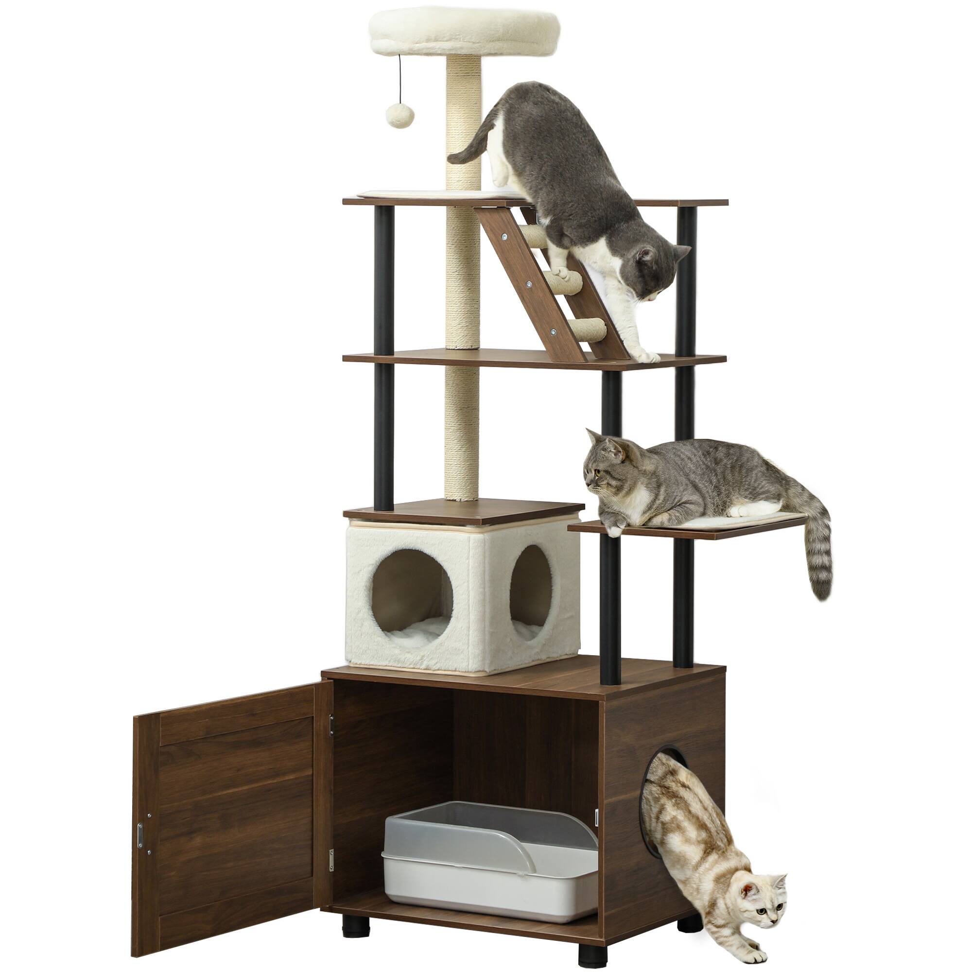 Front. Pawhut - 68.5" Cat Tree with Litter Box Enclosure, 2 in 1 Cat Tower, Litter Box Furniture, Washable Cushions, Ball Toy - Brown.