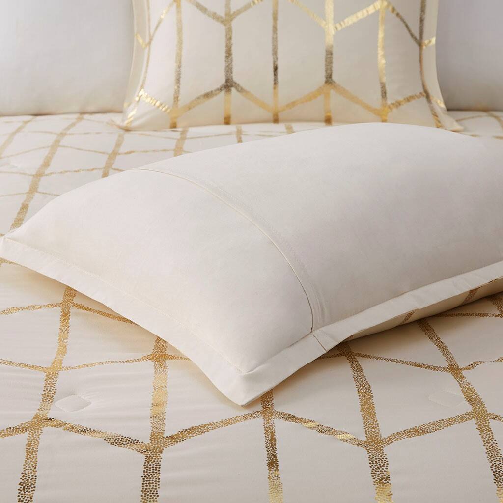 Alt View 2. Gracie Mills - Gracie Mills Isabelle Metallic Geometric Duvet Cover Set - Ivory/Gold.