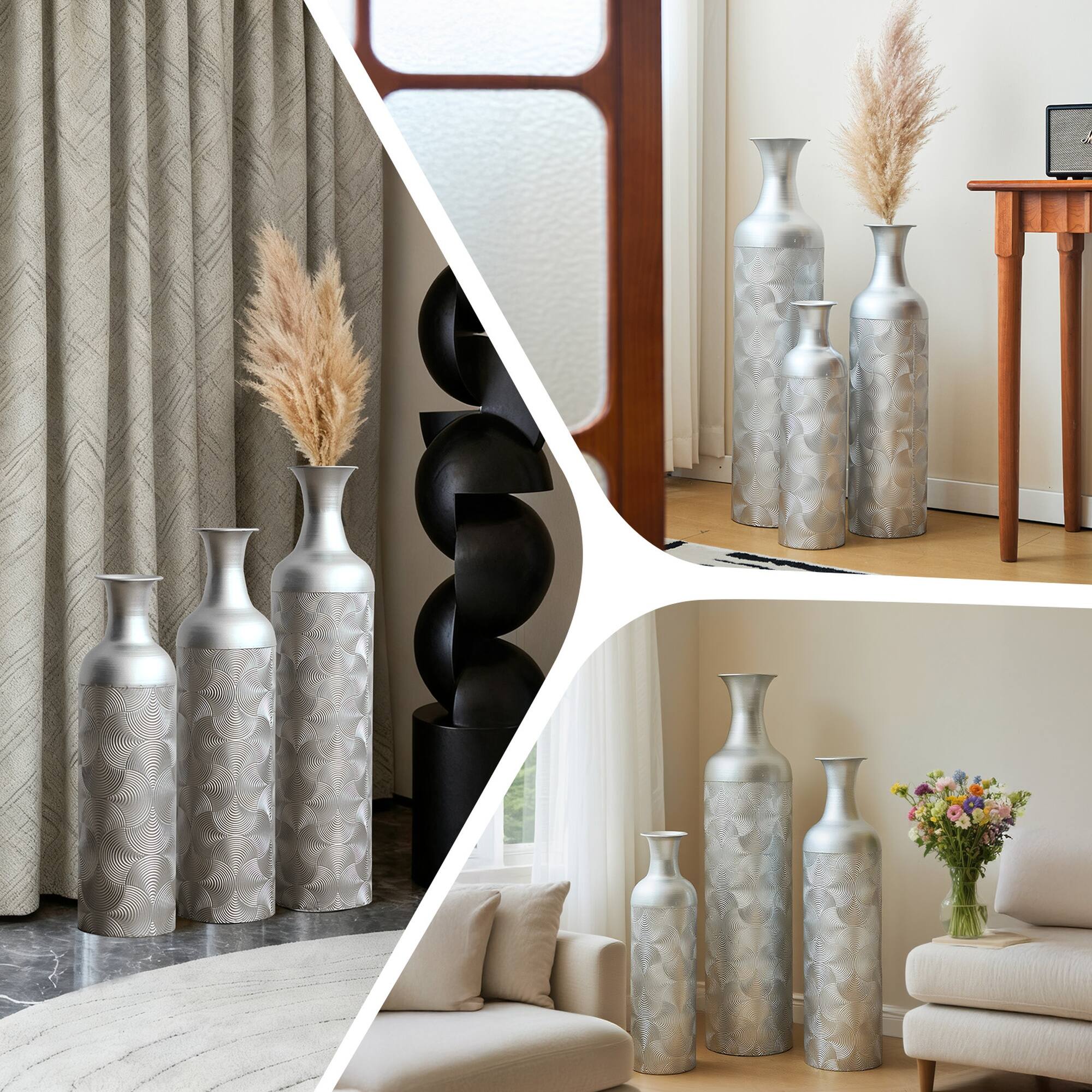 Alt View 7. Boyel Living - Set of 3 Tall Metal Floor Vases with Wave Texture Pattern - Silver.