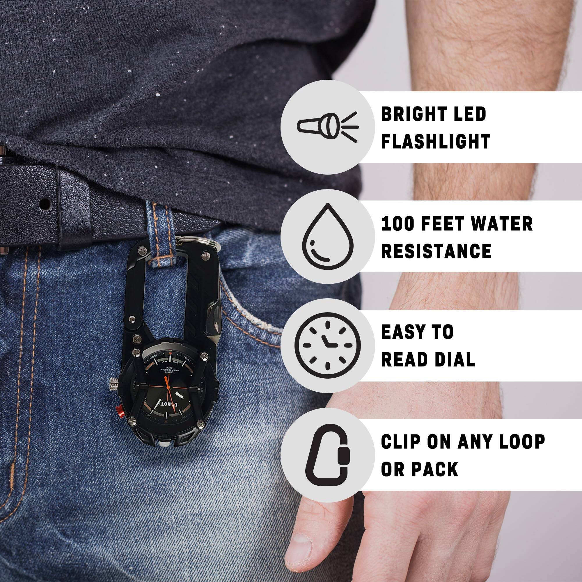 BRIGHT LED FLASHLIGHT  
100 FEET WATER RESISTANCE  
EASY TO READ DIAL  
CLIP ON ANY LOOP OR PACK