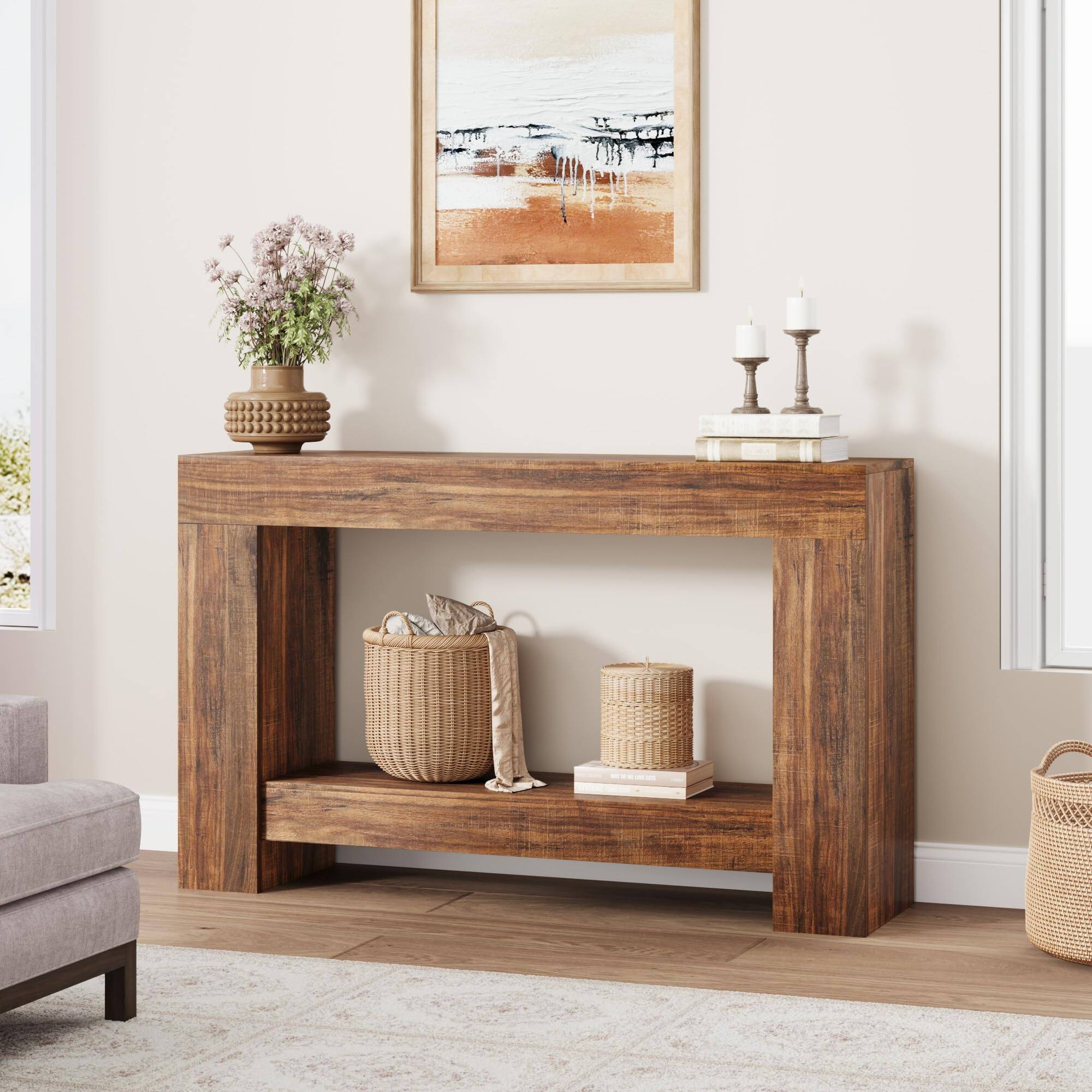 Back. Babevy - 47.24" Console Table, 2-Tier Farmhouse Narrow Entryway Table , Sofa Table - Brown.