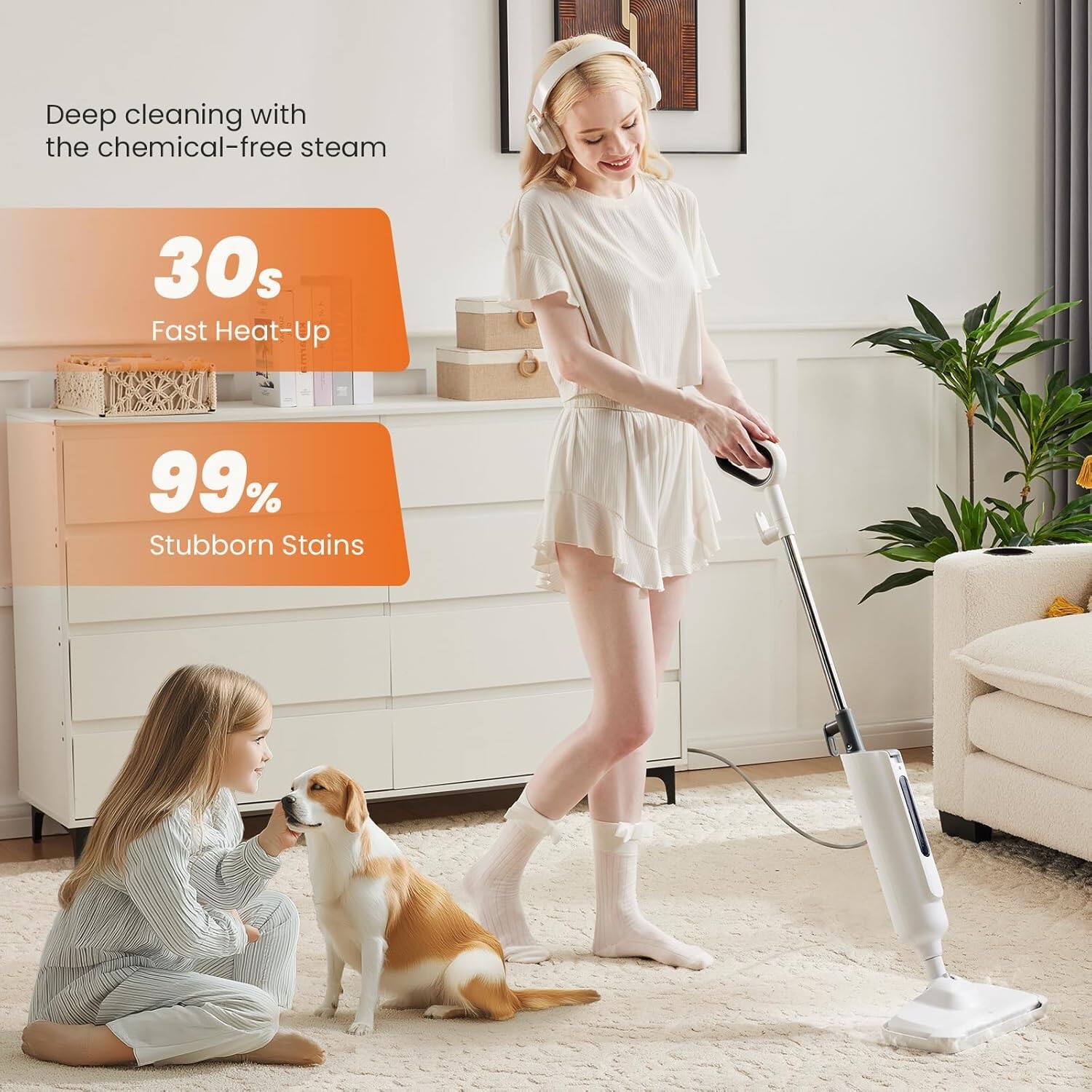 Deep cleaning with the chemical-free steam

30s Fast Heat-Up

99% Stubborn Stains