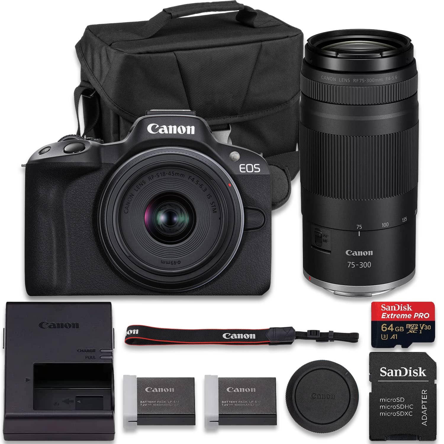 Bundle - Canon - EOS R50 Mirrorless Camera With RF-S 18-45mm f/4.5-6.3 IS STM + RF 75-300mm f/4-5.6 Lens + Extra LP-E17 Battery +