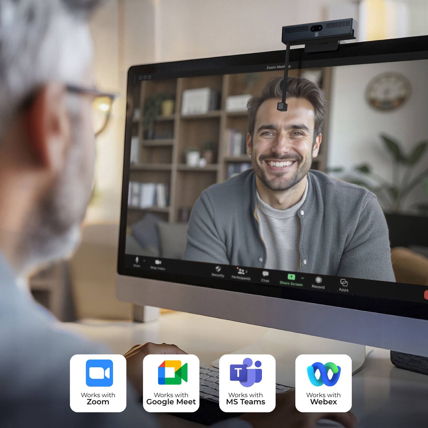 Zoom Mee a .O. 1 Security Participants Chat 1 - Share Screen Record Apps  
Works with Zoom  
Works with Google Meet  
Works with MS Teams  
Works with Webex
