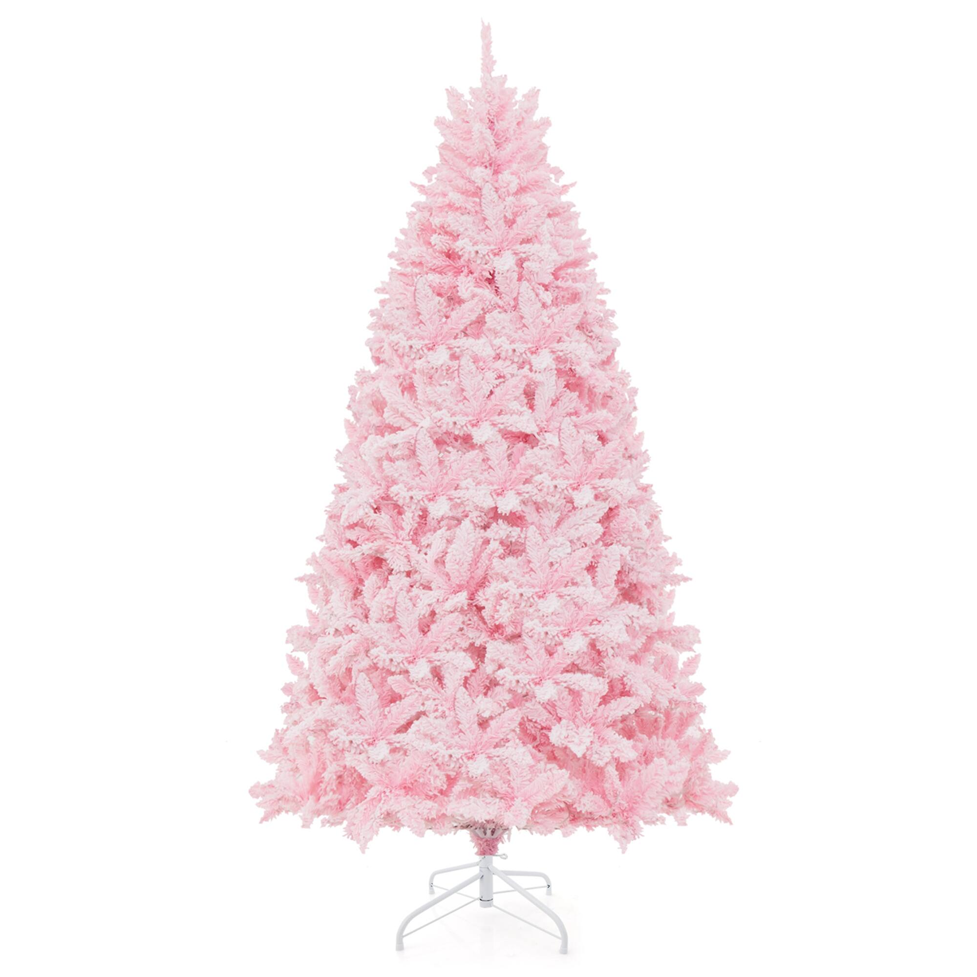 Alt View 19. Costway - 7 FT Flocked Artificial Christmas Tree Hinged with 500 LED Lights 1200 Branch Tips - Pink.