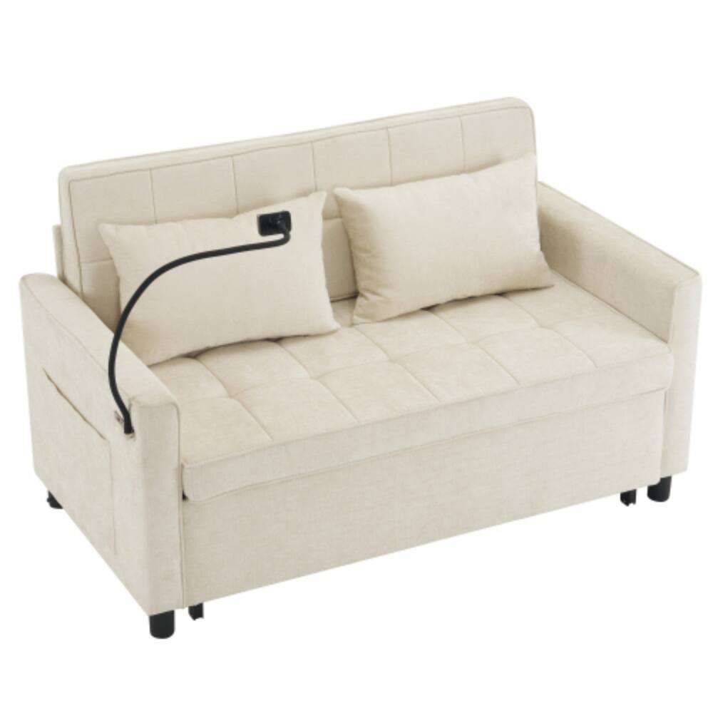 Alt View 5. LUCKY ONE - 56.9" Pull-Out Loveseat Sleeper Sofa Bed w/ Reversible Backrest USB Ports Phone Holder - Beige.