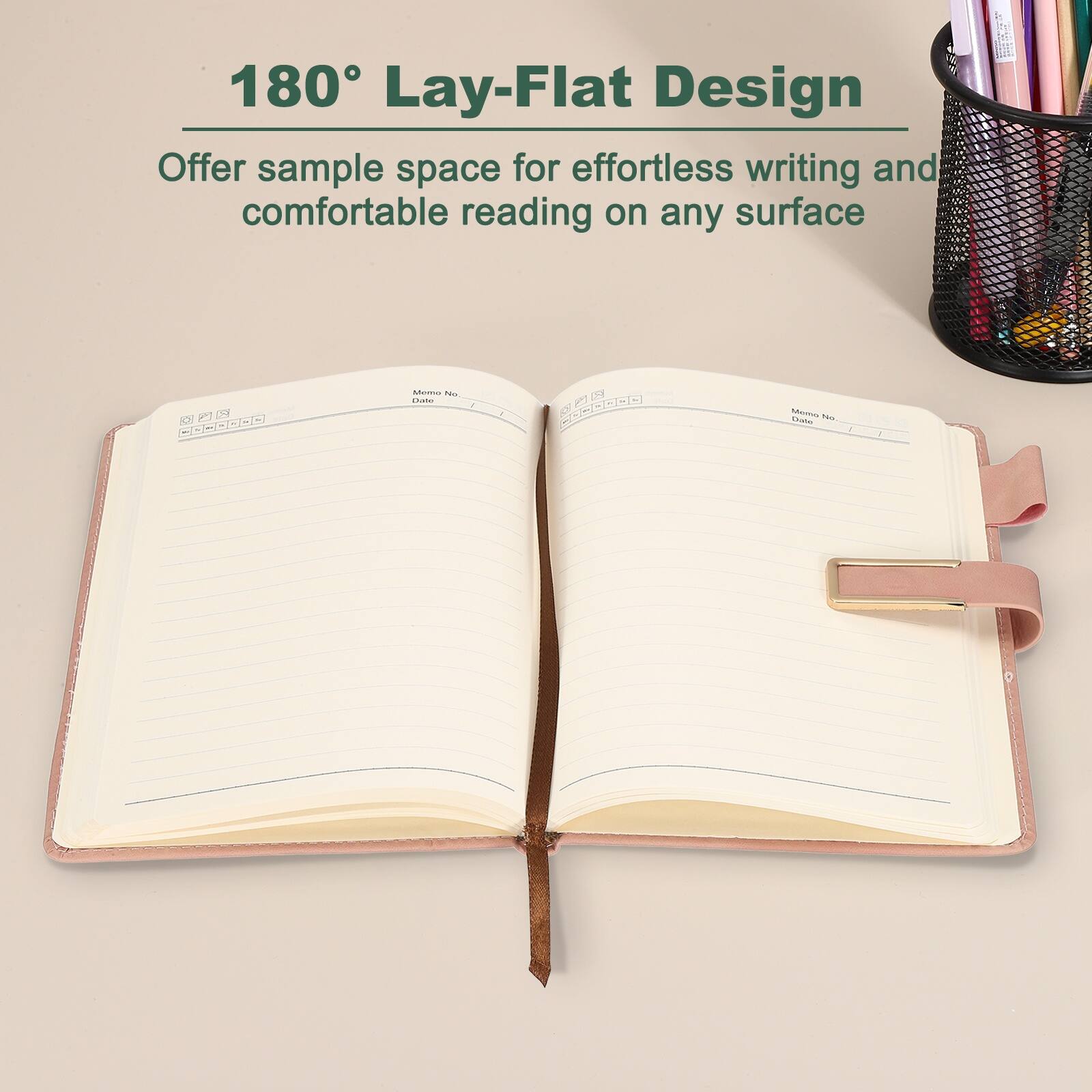 180° Lay-Flat Design  
Offer sample space for effortless writing and comfortable reading on any surface
