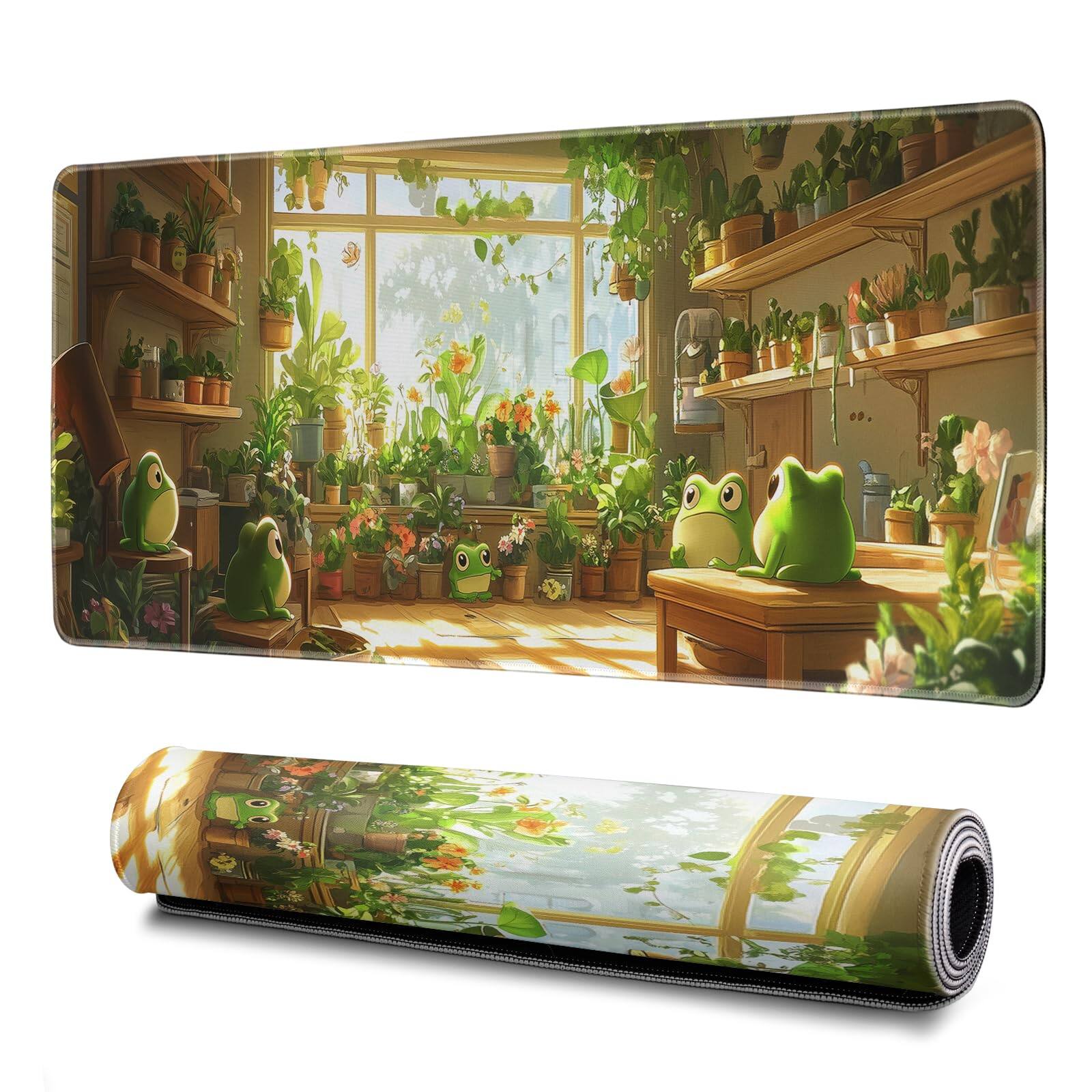 Earthley Blooms - Gaming Mouse Pad Abstract Black 31.. Sea Wave Texture Non-slip Rubber Base Large Mousepad Stitched Edges Mat - Cute Frogs Green