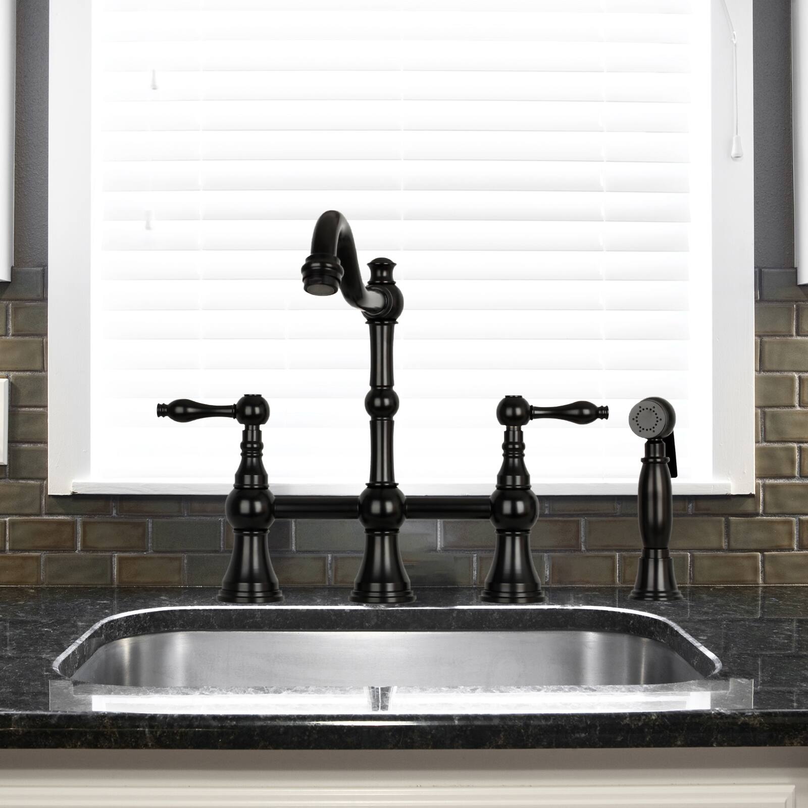 Alt View 5. Akicon - Akicon Solid Brass Bridge Kitchen Faucets with Side Sprayer 2 Lever Handles in Matte Black - Matte Black.