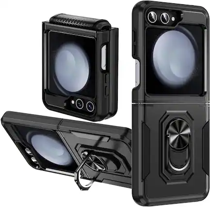 Front. Entronix - Entronix Galaxy Z Flip 5 Case - Durable Dual-Layer Protection with Kickstand - Black.