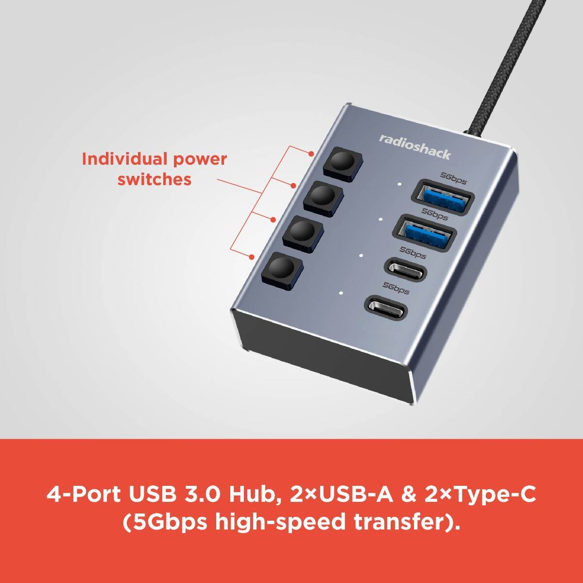 Individual power switches

4-Port USB 3.0 Hub, 2xUSB-A & 2xType-C (5Gbps high-speed transfer).