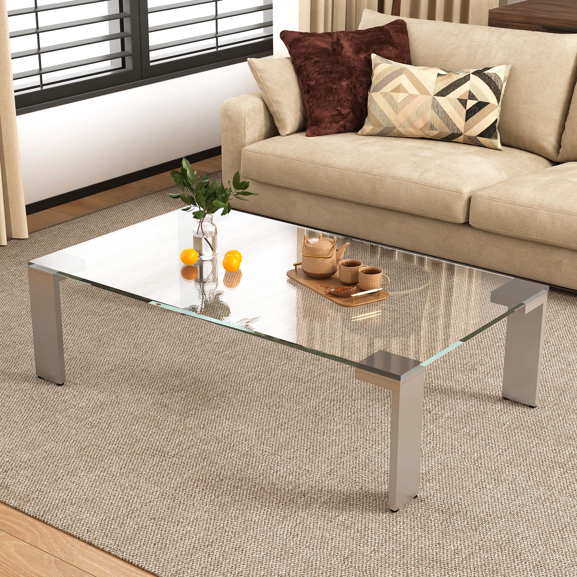 luck idea - Modern Tempered Glass Coffee Table with Stainless Steel Legs, 47.2" Rectangular Clear Table for Living Room - Clear Glass