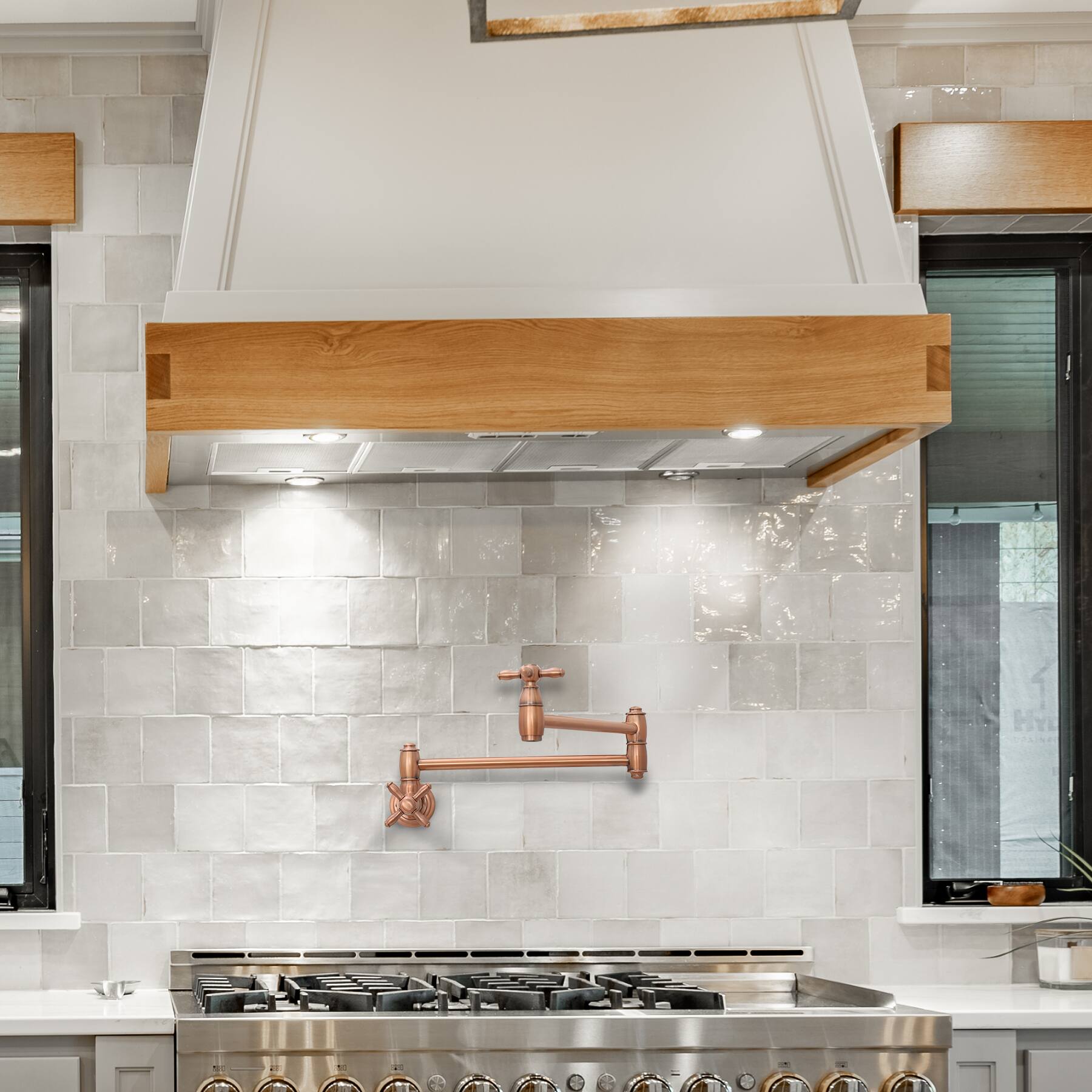 Alt View 8. Akicon - Akicon Solid Brass Wall Mount Pot Filler Kitchen Faucet with Double Joint Swing Arms for Stovetop in Copper - Copper.