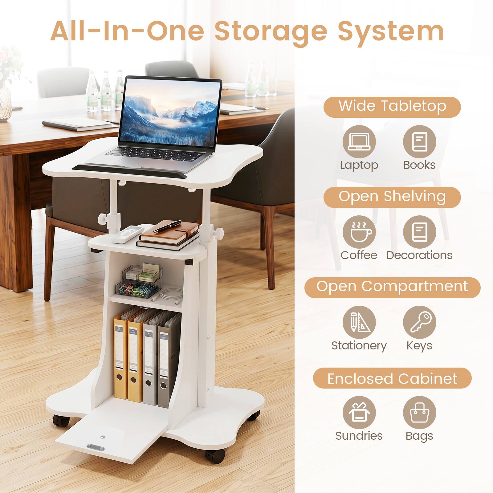 All-In-One Storage System

Wide Tabletop
- Laptop
- Books

Open Shelving
- Coffee
- Decorations

Open Compartment
- Stationery
- Keys

Enclosed Cabinet
- Sundries
- Bags