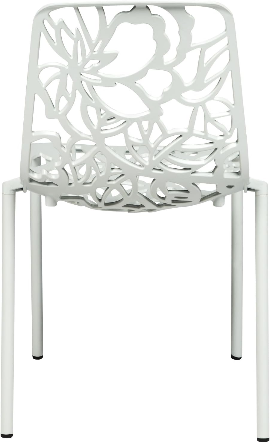 Left. LeisureMod - Devon Stackable Aluminum Dining Chair, Modern Floral Cutout Indoor/Outdoor Patio Chair - Fully Assembled - White.