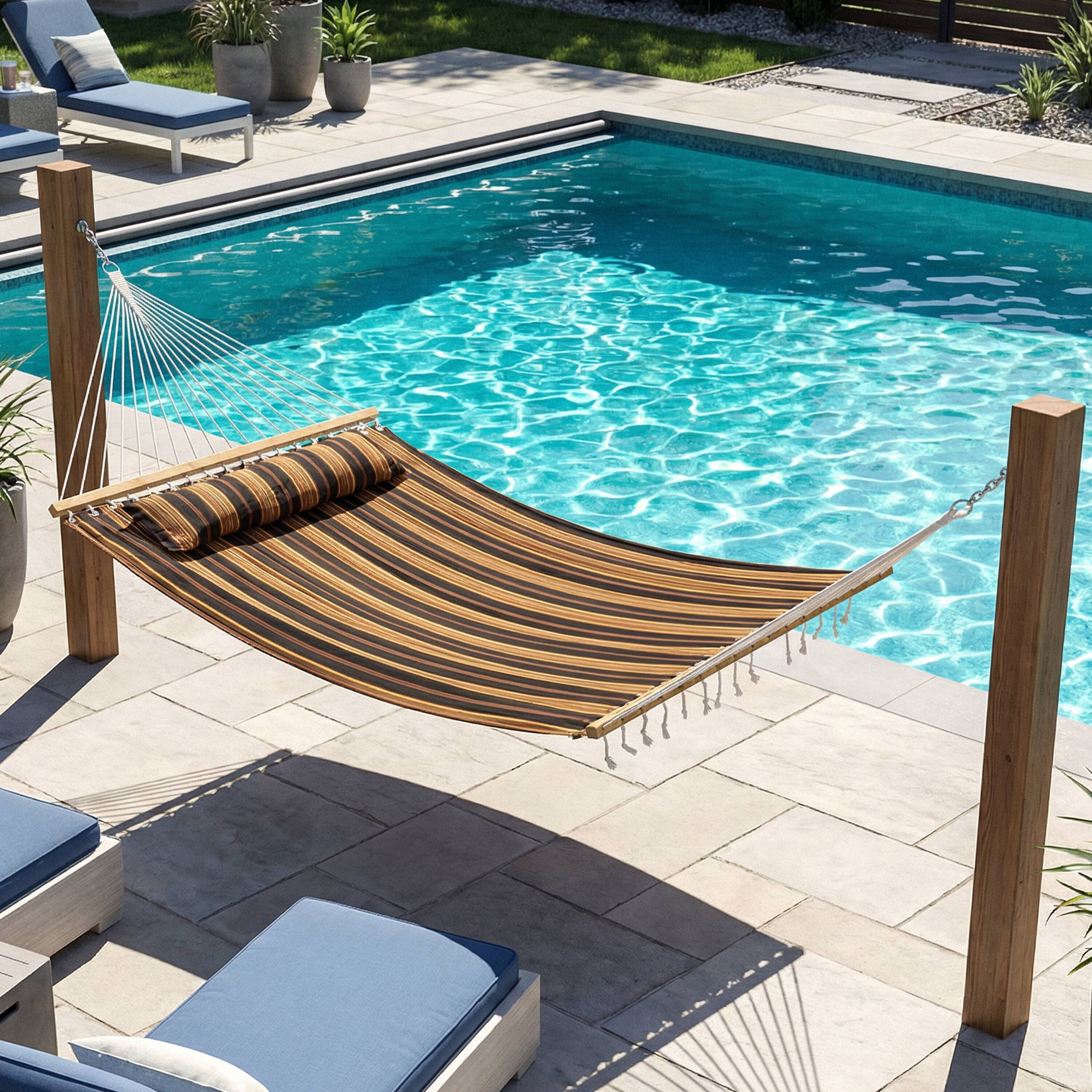Alt View 9. Sunnydaze - Large Quilted Fabric Hammock with Spreader Bar and Pillow - Woodland Stripe.
