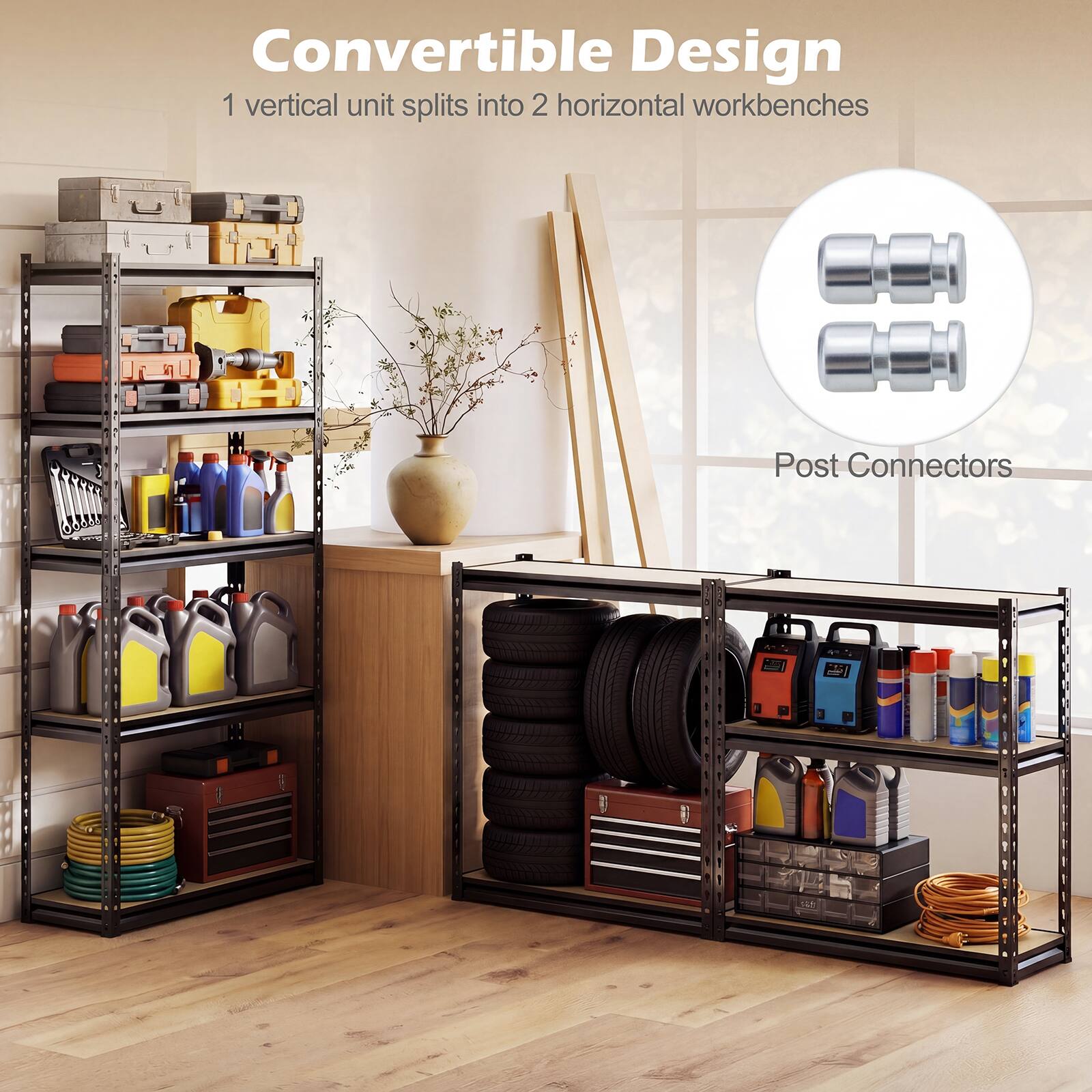 Convertible Design  
1 vertical unit splits into 2 horizontal workbenches  
Post Connectors