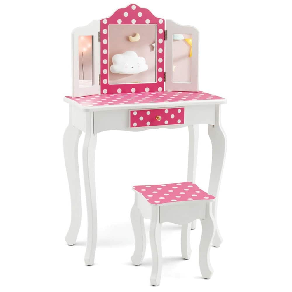 Pefilos- Kids Vanity Table and Stool Set with Cute Polka Dot Print-Pink, Girls Vanity for Girls Kids- White