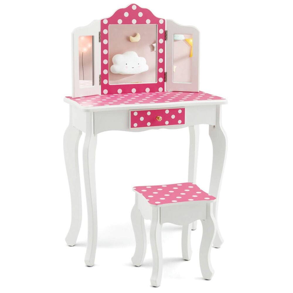 Front. Pefilos - Kids Vanity Table and Stool Set with Cute Polka Dot Print-Pink, Girls Vanity for Girls Kids - White.
