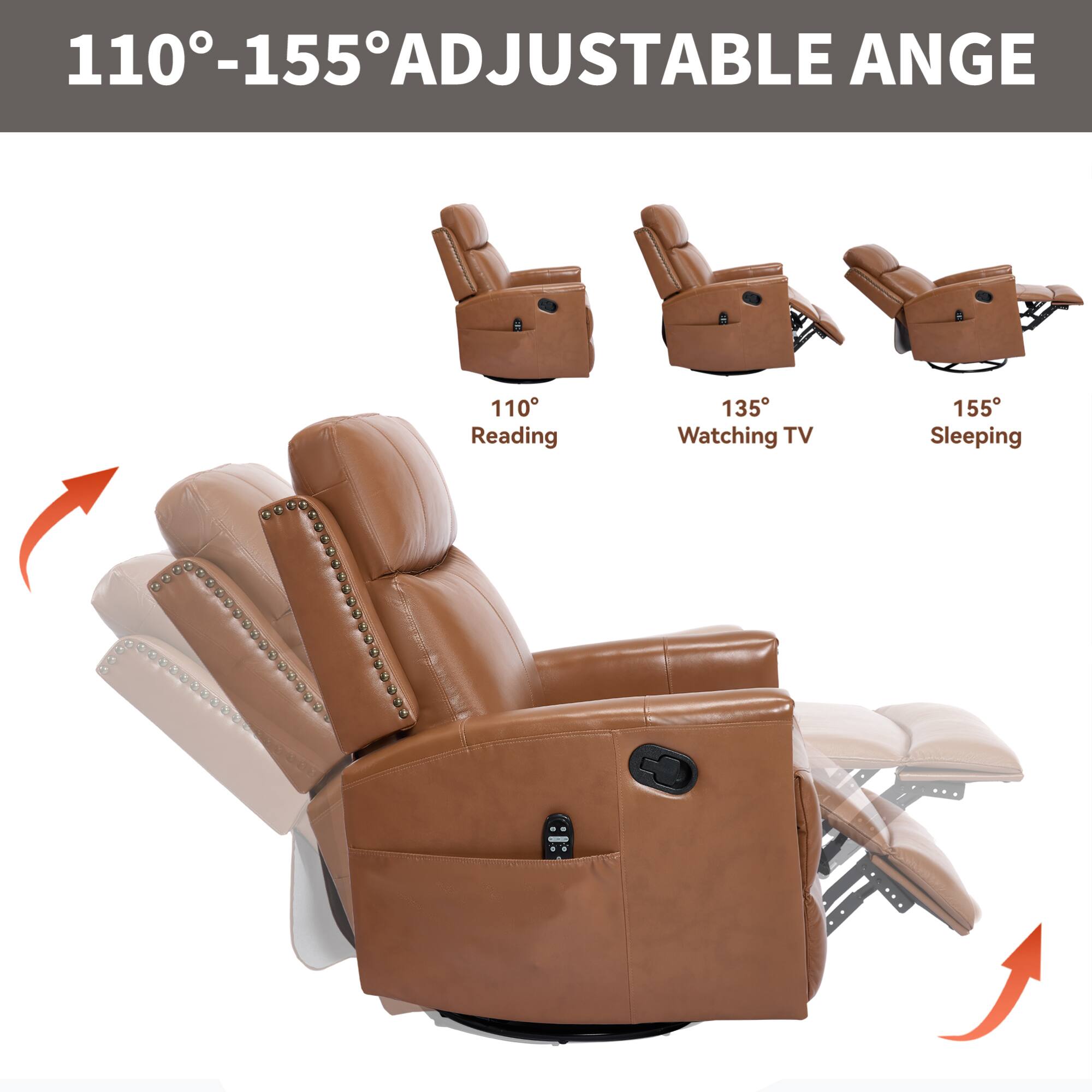 110°-155° ADJUSTABLE ANGLE

110° Reading  
135° Watching TV  
155° Sleeping