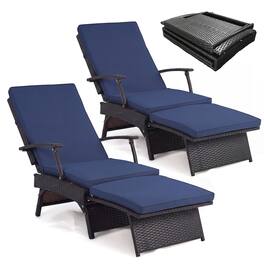 Gymax - 2PCS Folding Wicker Chaise Lounge w/ Slide-Out OttomanSun-Proof PE Rattan Mix Brown & Navy - Blue